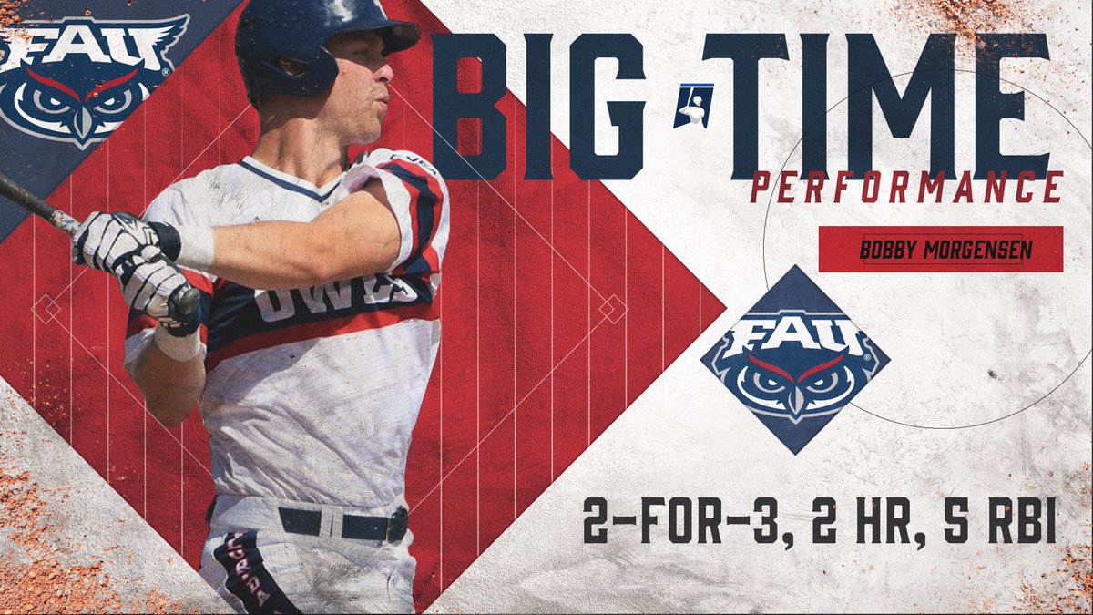 NCAABaseball's tweet photo. HAVE A DAY BOBBY MORGENSEN! 

2 HR, 5 RBI and a HR-robbing grab in RF. 

#RoadToOmaha | @FAU_Baseball https://t.co/e5ZUhf8e5t