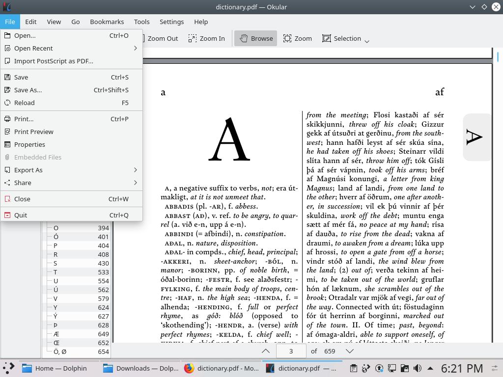 Screenshot of  KDE neon viewing a PDF with the File menu open