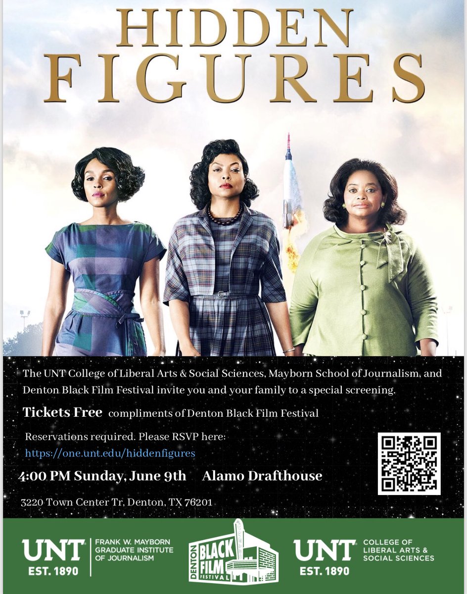 FREE SCREENING- If you missed “Hidden Figures” on the big screen or just wanna see it again join DBFF and UNT CLASS - Mayborn School of Journalism  @ Alamo Drafthouse- Denton Sunday, June 8th at 4pm. 
Reserve your tickets here: one.unt.edu/hiddenfigures
