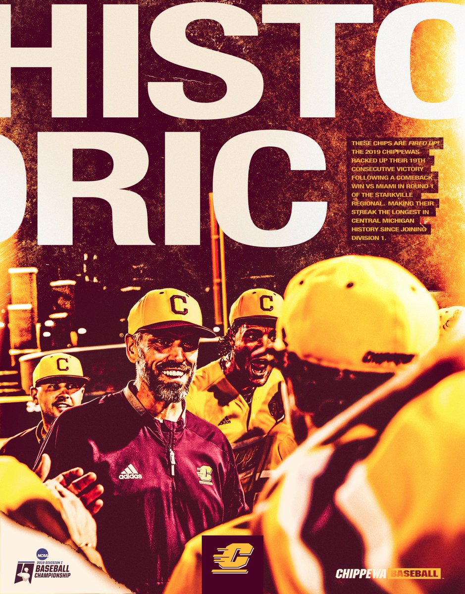 CMUBaseball's tweet photo. This team is rewriting the record books. 

With a 6-5 victory over Miami (FL) in last night's @NCAACWS Regional opener, the Chippewas won their 19th-straight which is the most by any team in the school's Division I era.

#FireUpChips 🔥☝️⚾️ https://t.co/YicQwkdlDz