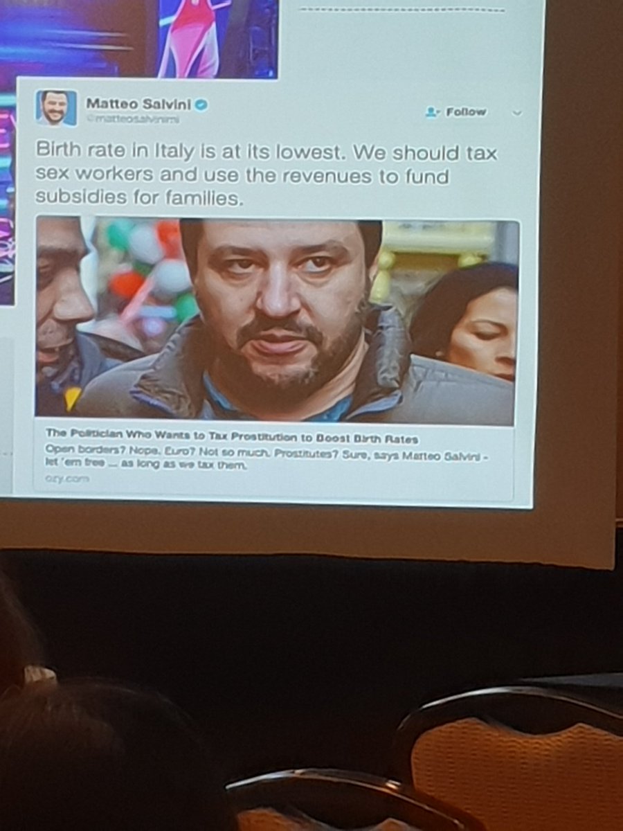 corbeau_1863's tweet image. Isabel Crowhurst on Taxation of #sexwork in Italy. Shows sex tax TV show in Italy &amp;amp; racist political propaganda, etc.  #CRN6_DC2019 #LSA2019