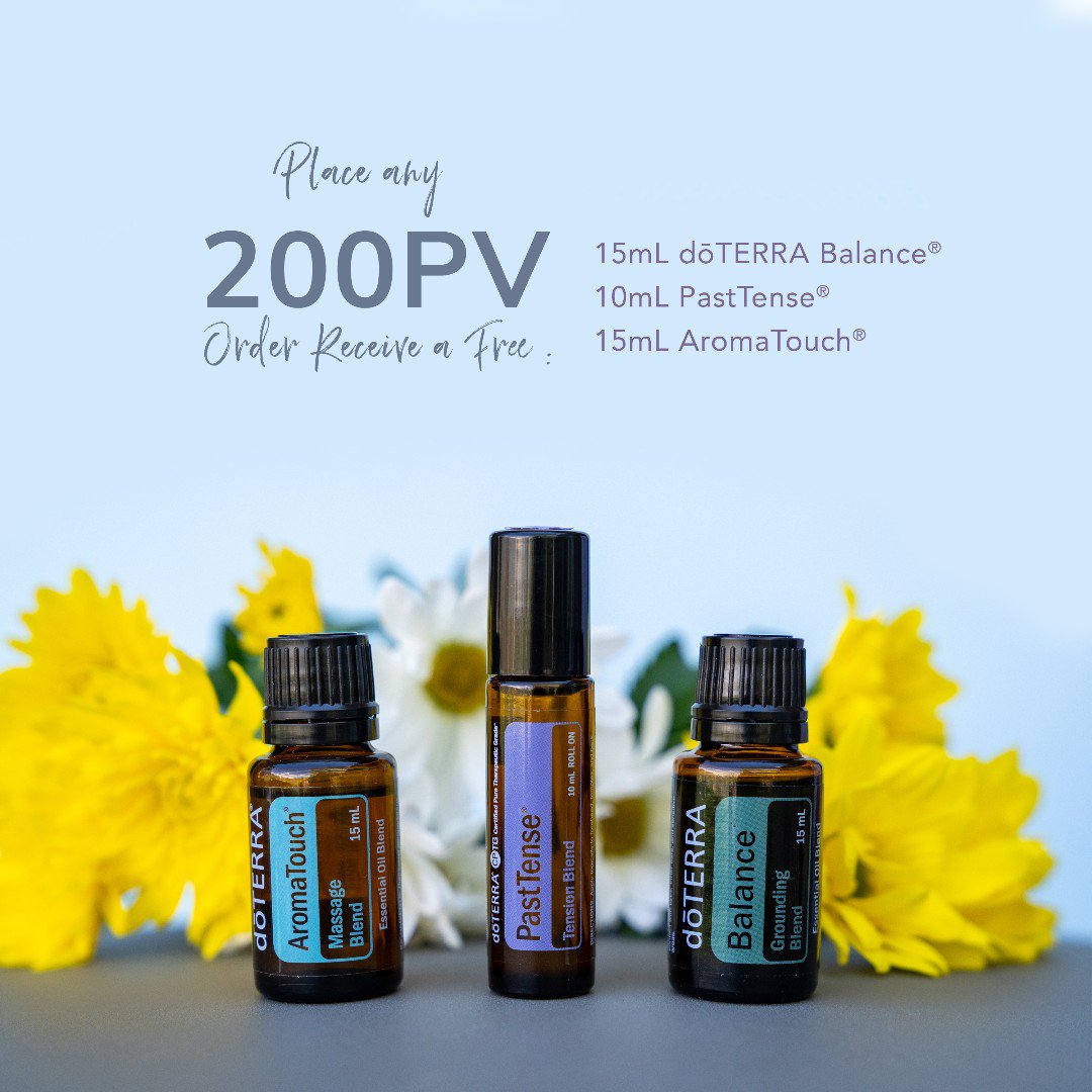 EastCoastOils's tweet image. When you place a 200 PV single order between June 1–30, you’ll receive 15mL dōTERRA Balance®, 10mL PastTense® , and 15mL AromaTouch® for FREE! #doterraessentiaoils #junepromo #freeoils