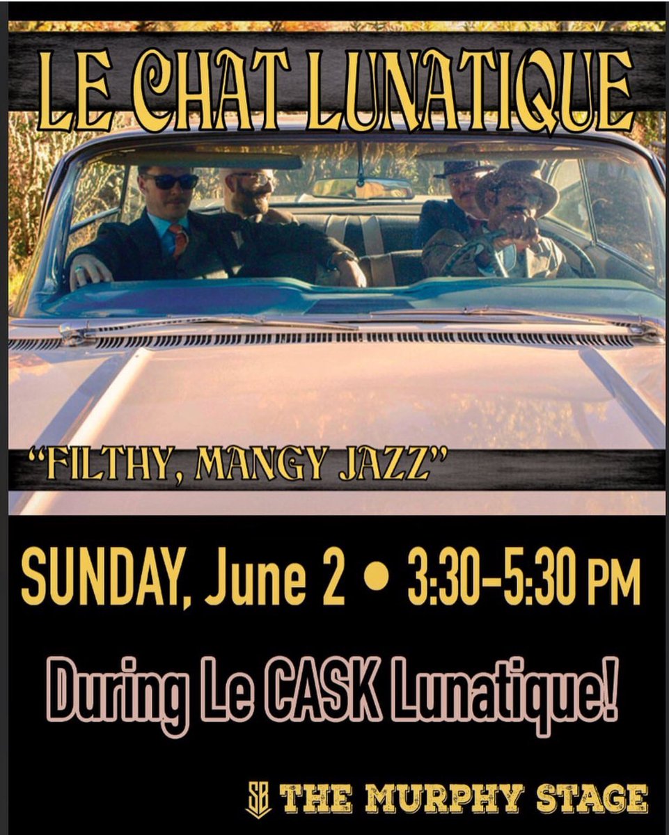 SBBrewyard's tweet photo. Le Chat Lunatique returns for Le CASK Lunatique Sunday, June 2! Some “filthy, mangy Jazz” to accompany 6 casks of #beercocktails to cap off #ABQBeerWeek. ⠀⠀
Show starts at 3:30pm, beer pours at noon. #ListenLocal #MusicToMyBeers
#BuiltToBrew #LosRanchosBrew #nmbrewersguild https://t.co/kqG83Edk5c