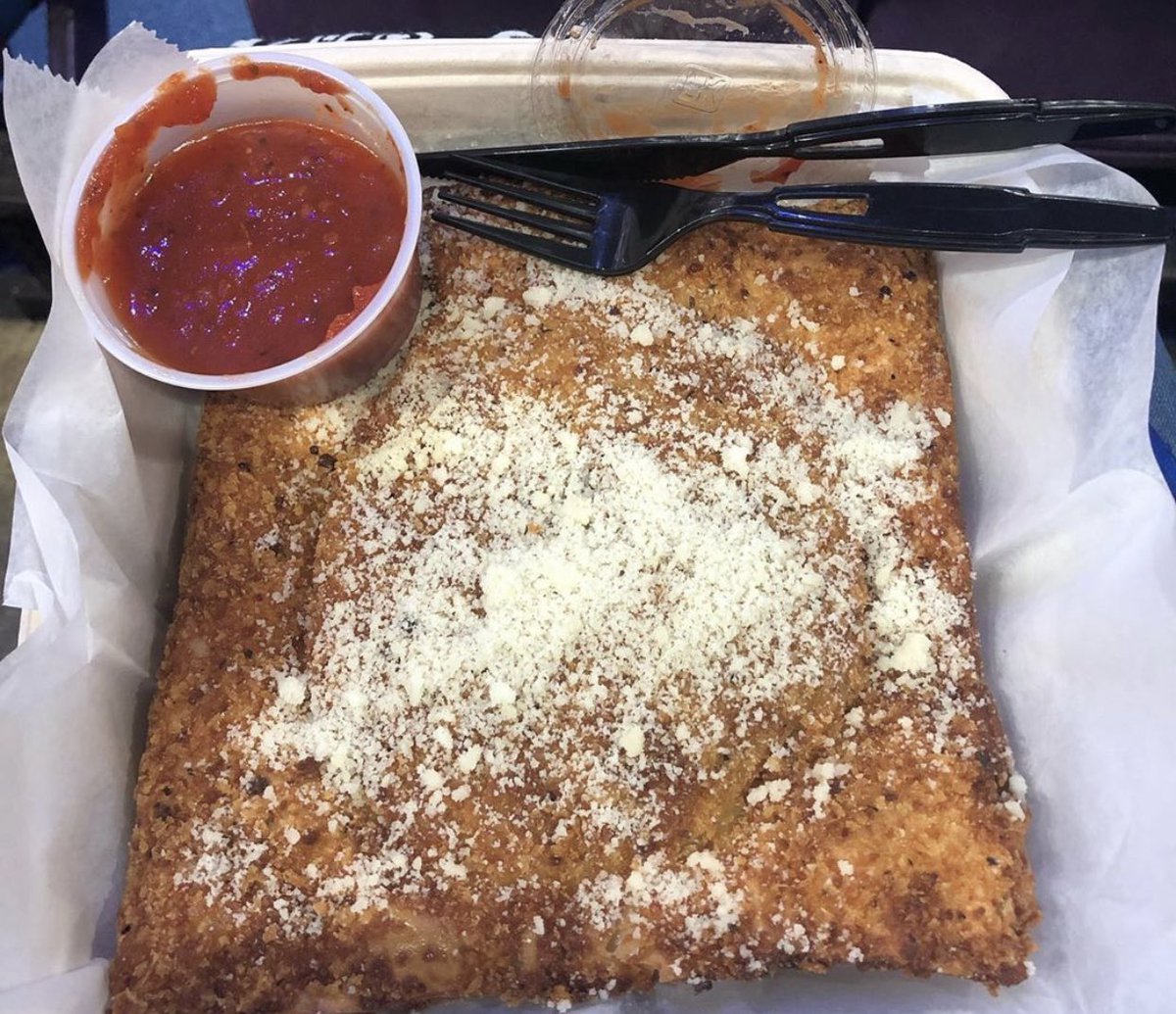darrenrovell's tweet photo. Also available at Stanley Cup Final Game 3 tonight in St. Louis: Big-As-Your-Head Beef Ravioli, baked and flash fried with a side of spicy marinara. https://t.co/CMp387KTQ9