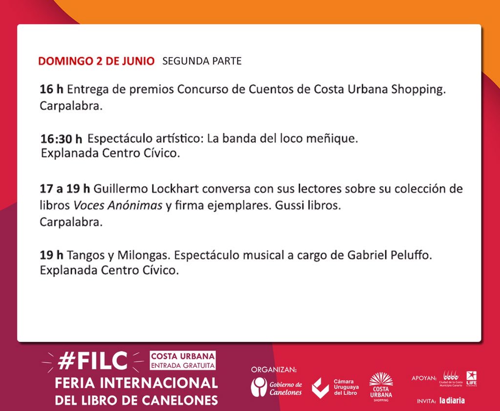 CanelonesCultur's tweet photo. 📚#Ahora La #FILC2 ya está llegando a su fin, pero aún queda mucho por conocer y disfrutar de esta mágica experiencia que es la lectura.
📕Conocé las actividades para este domingo 2/6 aquí 👇 https://t.co/oni5raPcy8