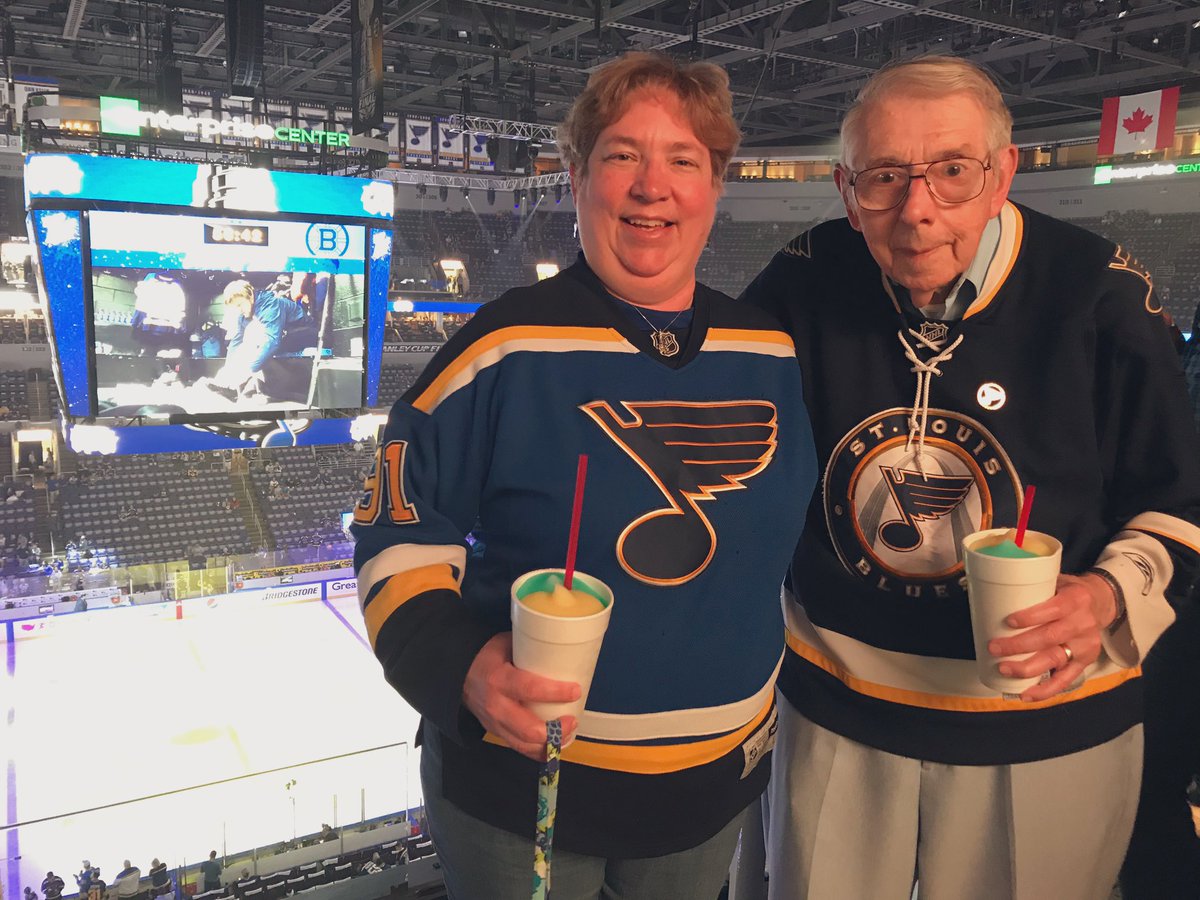 mag_kay's tweet photo. He’s waited 49 years to watch the @StLouisBlues fight for the Stanley Cup once again! Even better, it a Blues/Bruins rematch with a @TropsDowntown in hand! #WeAllBleedBlue #LGB https://t.co/wU7DzzC7JI