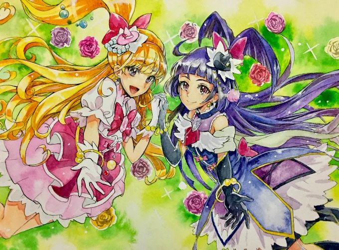 透明水彩で描いたキュアミラクル&キュアマジカル。
宮本絵美子さんのデザイン大好きなのです。 