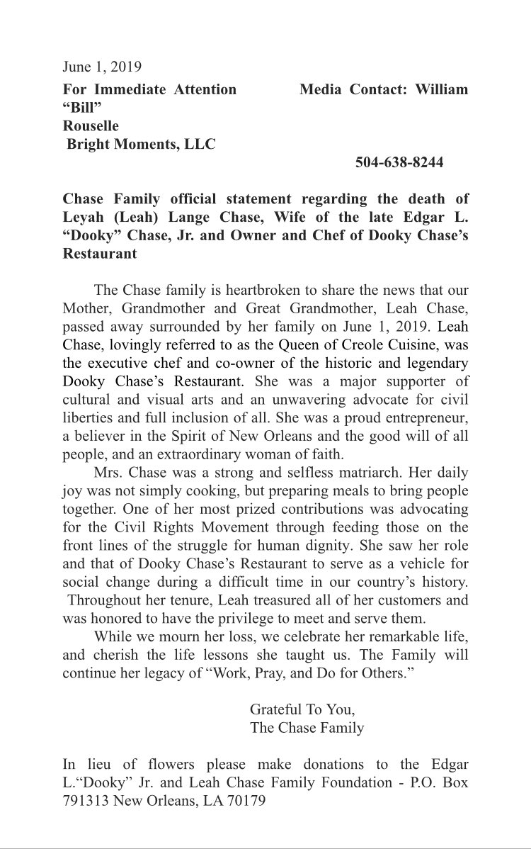 BREAKING: Famed #Nola restauranteur Leah Chase has died. More ⁦<a href="/wdsu/">wdsu</a>⁩ Sunday morning.