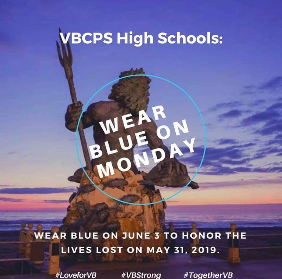 BHS_VB's tweet photo. Hey @BHSMarlins @bhsvbptsa spread the word. Wear blue Monday to honor the lives lost Friday.  Let’s see a sea of blue. https://t.co/sNIAlqNl2v