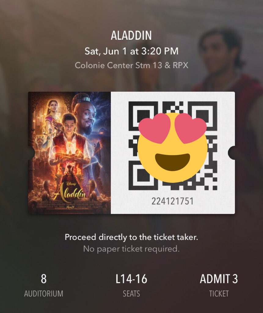 EliseC12's tweet photo. #Aladdin was amazing!! Brings me right back to my childhood. ❤️ #Mena #regal #onlineticket https://t.co/GYXr1Jox0F