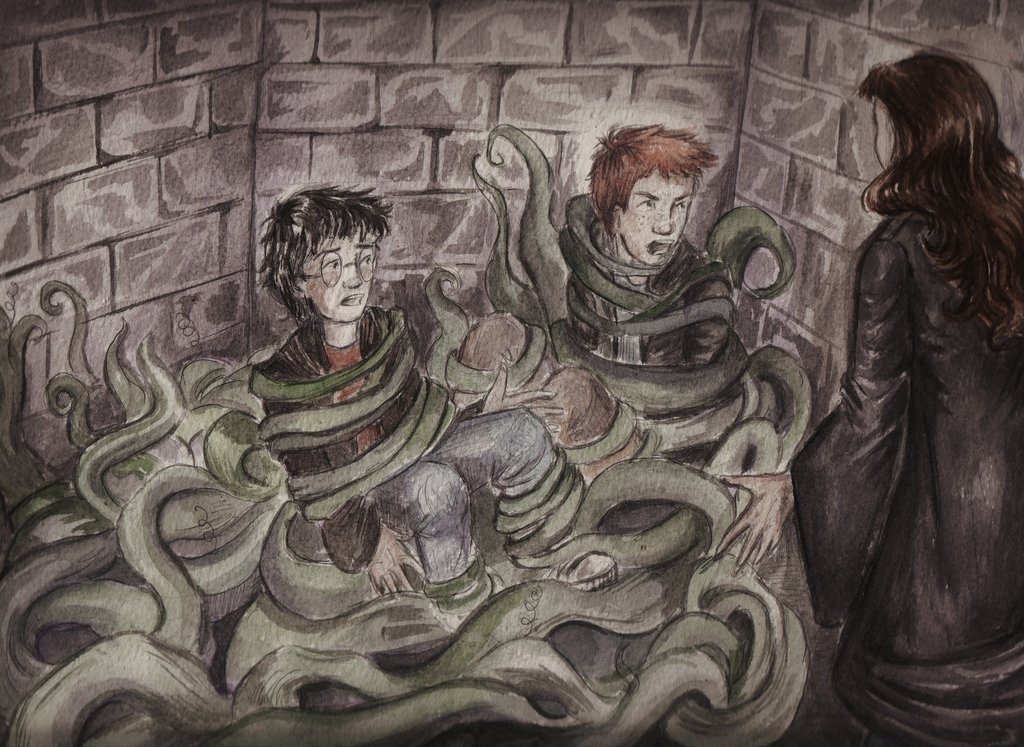 HP_Lexicon's tweet photo. "'Devil's Snare, Devil's Snare ... What did Professor Sprout say? It likes the dark and the damp-'
'So light a fire! Harry choked.
'Yes - of course - but there's no wood!' Hermione cried"
-- JKR (PS16)
#DevilsSnare #ThroughTheTrapdoor #BlueFlames
(Art by HogwartsHorror) https://t.co/bjcqDJq1Ne