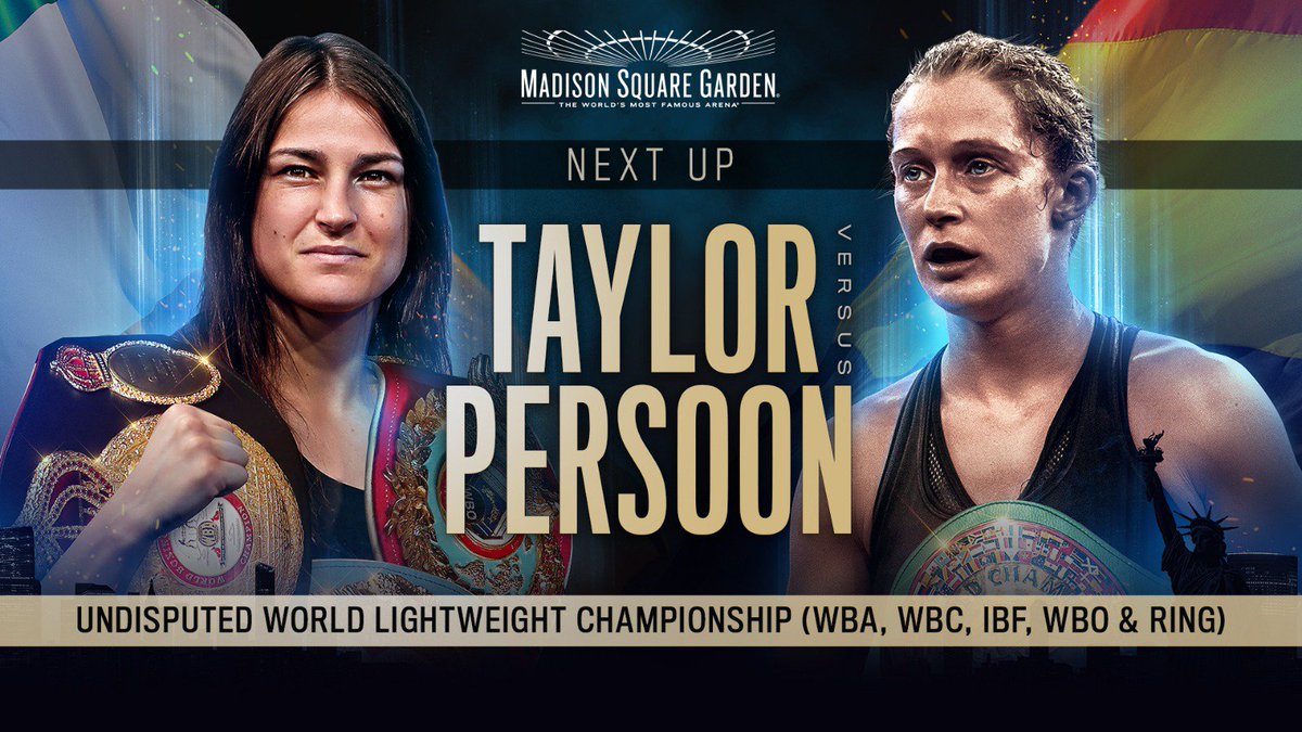 MatchroomBoxing's tweet photo. UP NEXT 🇮🇪🇧🇪 History in the making!

@KatieTaylor bids to become undisputed World Lightweight Champion!

WBC Champ Delfine Persoon (43-1, 18 KOs) is her toughest test to date... #RoadToUndisputed #TaylorPersoon #JoshuaRuiz https://t.co/C3zvI6wqu3