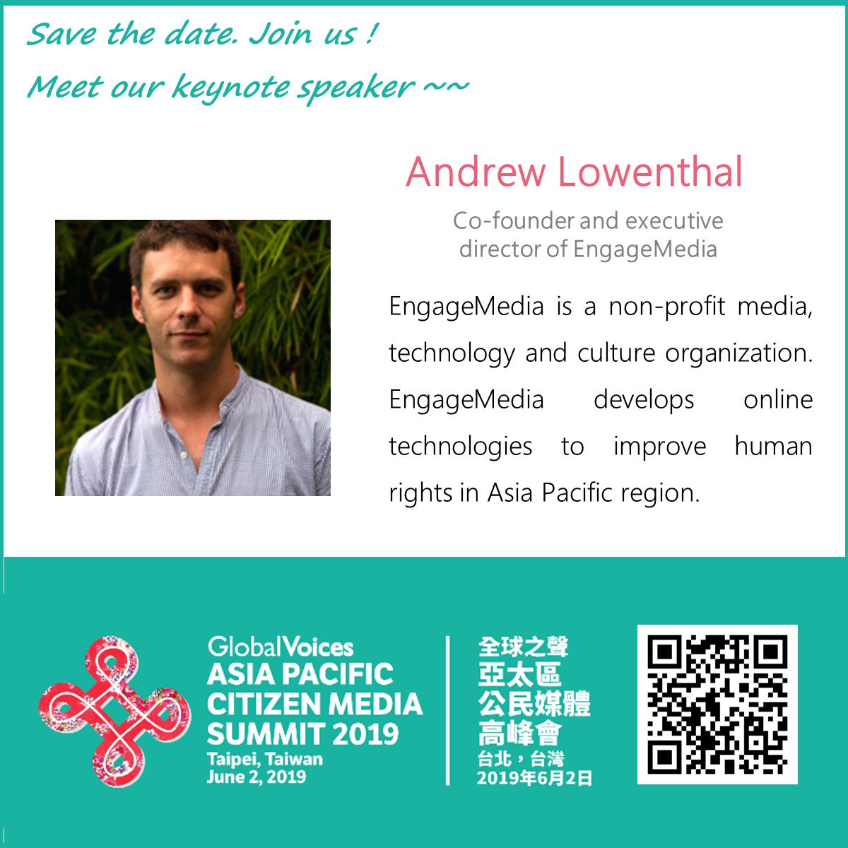 EngageMedia's tweet photo. Andrew Lowenthal of EngageMedia will be speaking at a panel titled "Citizensβ response to digital authoritarianism" in the @globalvoices #GVAPACSummit2019 later in the day. Join in & watch the live-stream here: https://t.co/hKwBtzwqd1 #gvsummit #civilrights #digitalcivilrights https://t.co/LfJ3MHbqaO