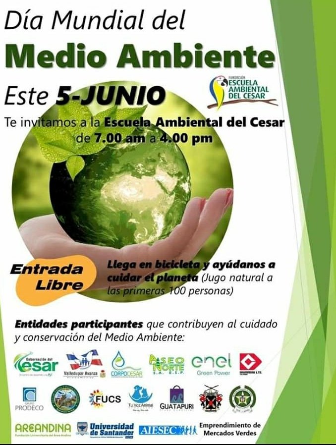 #DiaMundialDelMedioAmbiente 

Este 5 de Junio los esperamos en la  #EscuelaAmbiental de <a href="/Valledupar_Col/">Valledupar</a>

#RecalentamientoGlobal
#RecursosNaturales 
#NoALaDeforestación

<a href="/Funda_Biosierra/">FUNDACION BIOSIERRA</a> <a href="/Arborexp/">Arborexp S.A.S</a> <a href="/INLARBOR/">ILA Arbor</a>  <a href="/Aseodelnorte1/">Aseodelnorte</a> <a href="/Corpocesar/">Corpocesar</a> <a href="/PoliciaColombia/">Policía de Colombia</a> 
#DiaMundialDelMedioAmbiente