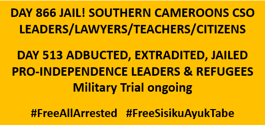 judithnwana's tweet photo. #SouthernCameroons peaceful activists @Day866 in #Cameroon jails, others tried in military ct &amp; given stiff sentences. Pro-indep leaders Day513 incarceration, military trial ongoing #FreeAllArrested #FreeSisikuAyukTabe #Justice4Nera10 @EU_Commission @NRC_Egeland @UKUN_NewYork @UN https://t.co/lZsOw54e3X