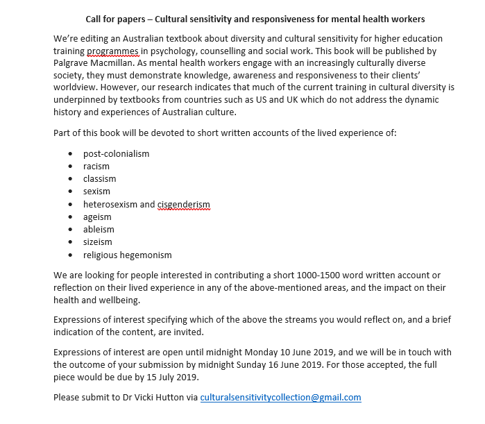 diversitybook19's tweet photo. We are looking for expressions of interest in contributing 1000-1500 word written accounts/reflections for an edited collection about diversity and cultural sensitivity for higher education training programmes in psychology, counselling &amp; social work. See Call For Papers below! https://t.co/njAopuSXFj