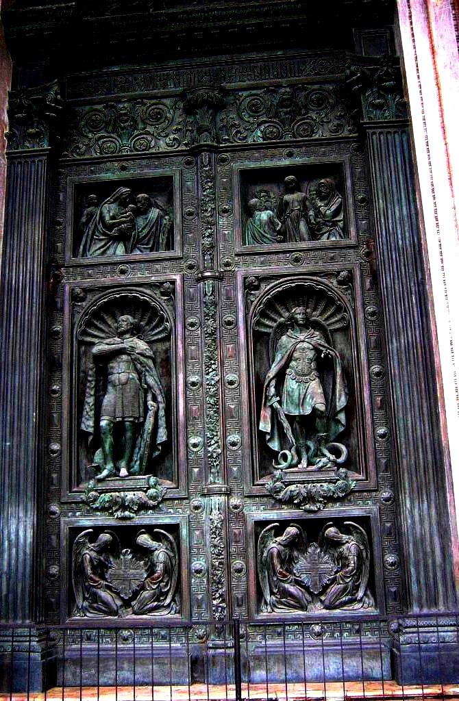 Detail, Carved door of the Saint Isaac's Cathedral, likely 1856 to 1858, at  St. Isaac's Square, St. Petersburg, Russia