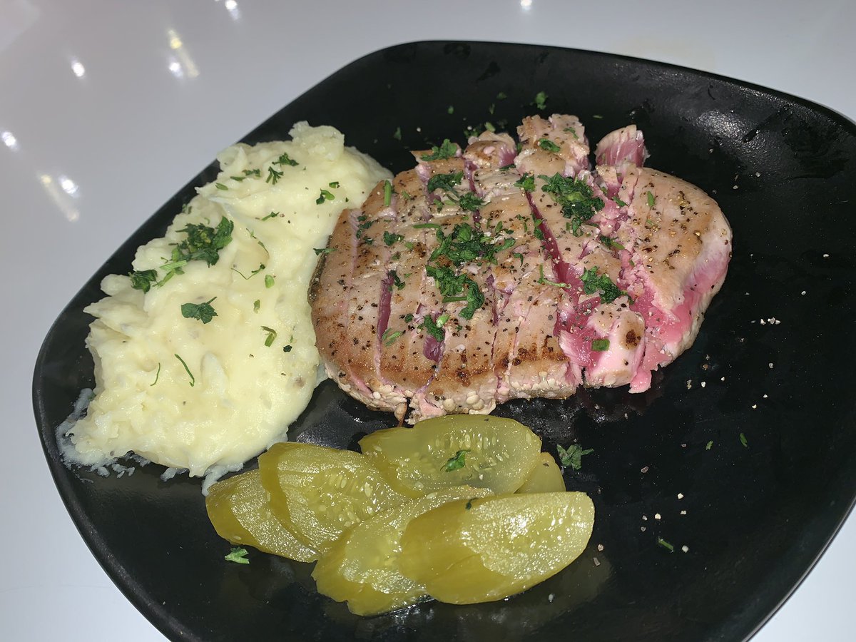 NEW ITEM: Medium tuna steak with a side of mashed potatoes and french fries. A MUST TRY!!!!