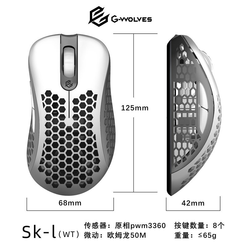 g_wolves's tweet photo. G-wolves Sköll 
Sk-L
Weight：≤65g
Coating：Matte
Cable：Paracord
Sensor：Pixart PMW3360/3389/3335（wireless）
Switch：Omron D2FC-F-K （50M）
RGB：Yes
Date：Ecpected August https://t.co/UqDqAeMHR4