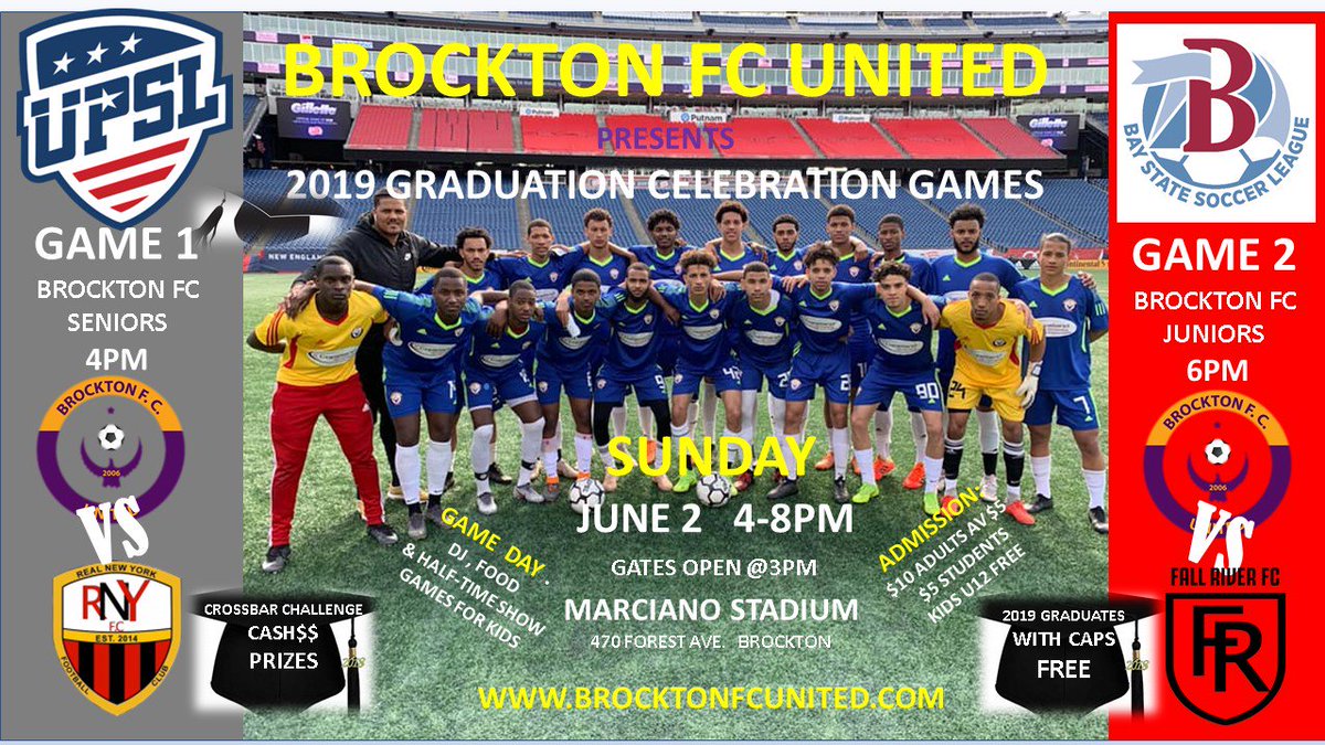 Two games tomorrow, Sunday June 2nd, involving both our UPSL and BSSL teams at Rocky Maeciano Stadium at Brockton High School. Come celebrate with our Brockton High graduates.