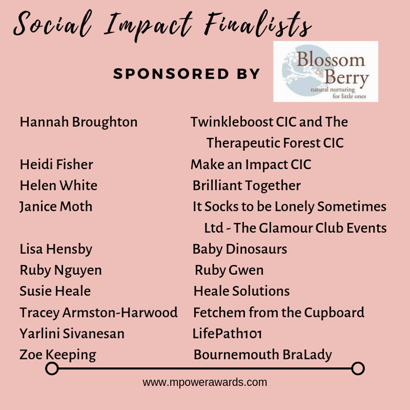 MpowerBizWomen's tweet photo. Here are our finalists for the Social Impact categoryโsponsored by Blossom & Berry! Well done, ladies!
You can find the list of the other finalists here. https://t.co/PONycASDw4
#mpowerawards https://t.co/gLYNj435Eg
