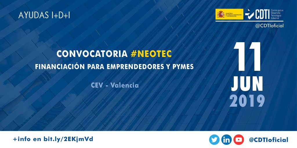 Jornada Financiación 2019 para Empresas Innovadoras, 11 de junio en #Valencia en <a href="/CEV_CV/">CEV</a> Programa #NEOTEC y entrevistas con @CDTIoficial Programa #Createc <a href="/GVAivace/">IVACE+i</a> 3 casos de éxito: <a href="/zeleros/">Zeleros</a> <a href="/bemore3d/">Be More 3D</a> y <a href="/DarwinBioprosp/">DARWIN Bioprospecting Excellence</a>
 ceeivalencia.emprenemjunts.es/?op=14&n=15398 <a href="/seimedcv/">EEN_SEIMED</a> vía <a href="/emprenemjunts/">Emprenemjunts</a>