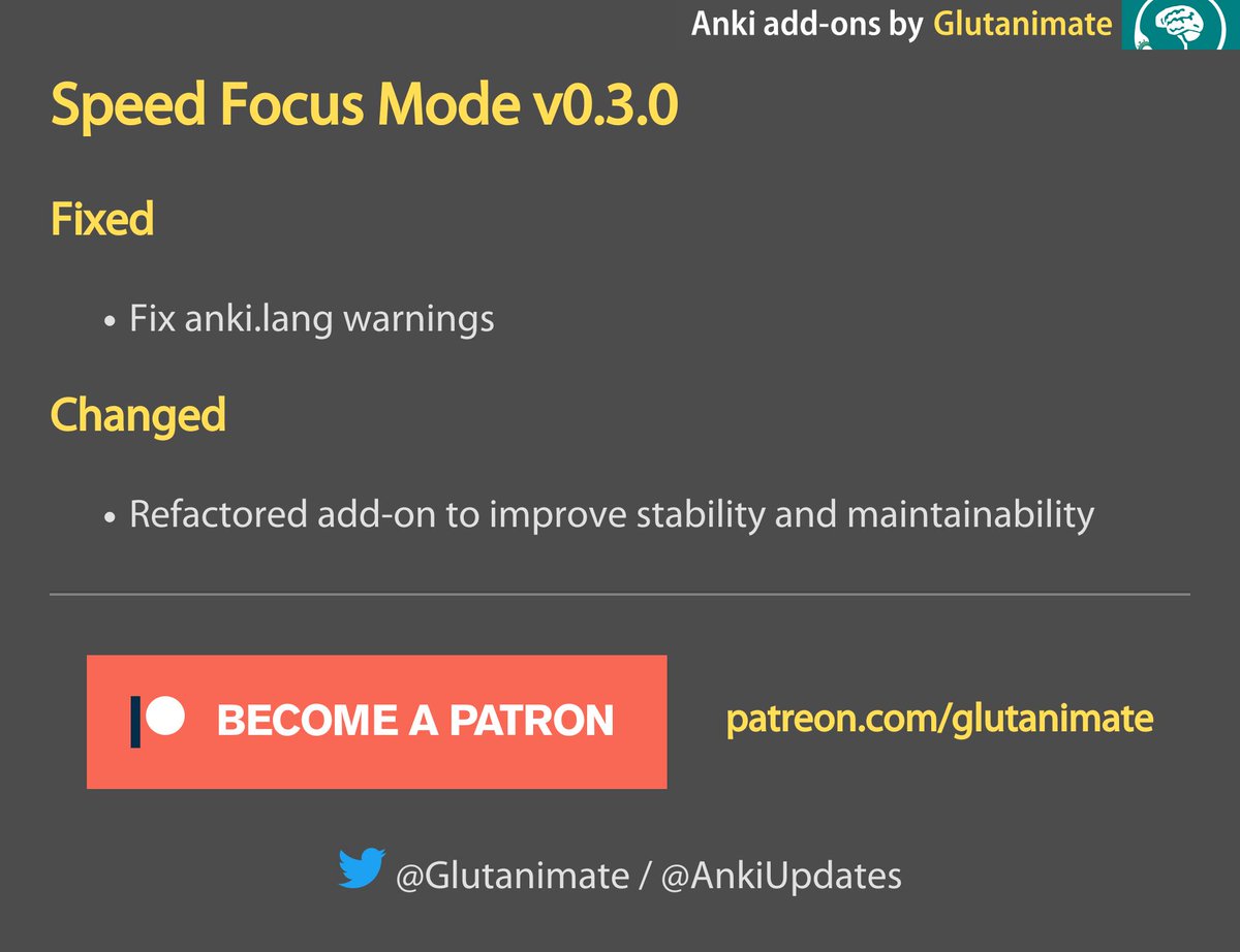 Speed Focus Mode v0.3.0 is now available on AnkiWeb!: ankiweb.net/shared/info/10…

Let me know what you think via <a href="/glutanimate/">Glutanimate</a>
Support my work: patreon.com/glutanimate

#AnkiAddons #AnkiSRS #Anki #SpacedRepetition
