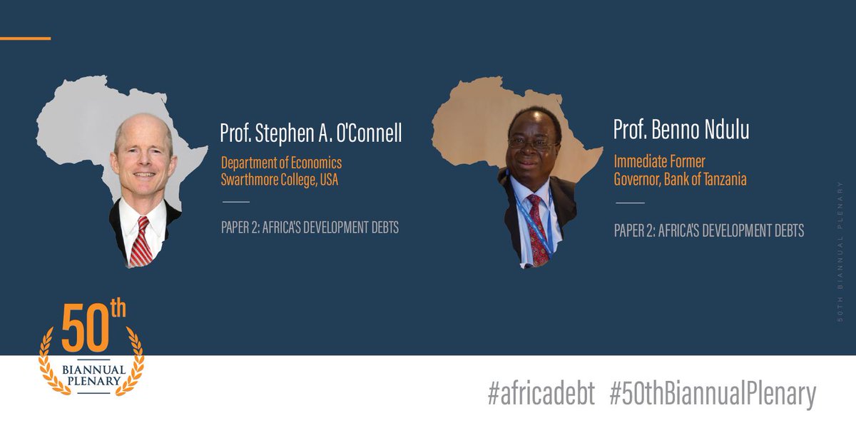 AERCAFRICA's tweet photo. Prof. Stephen A. O'Connell, Department of Economics, Swarthmore College, USA and Prof. Benno Ndulu, Immediate Former Governor, Bank of Tanzania presenting the second paper on Africa’s Development Debts. #africadebt #50thBiannualPlenary https://t.co/2skqJtu0tI