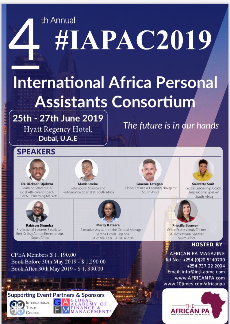 Counting down to Dubai #IAPAC consortium. Joining forces with amazing voices I respect. Do you know anyone who would benefit from this buffet of inspiration? Hit me up. This is going to be a life transforming inspirational event. @GraemeLategan <a href="/ABMCINT/">ABMC International</a> <a href="/josmamug2/">Joseph Mathenge Mugo</a> <a href="/mazhuramavis/">Mavis Mazhura</a>