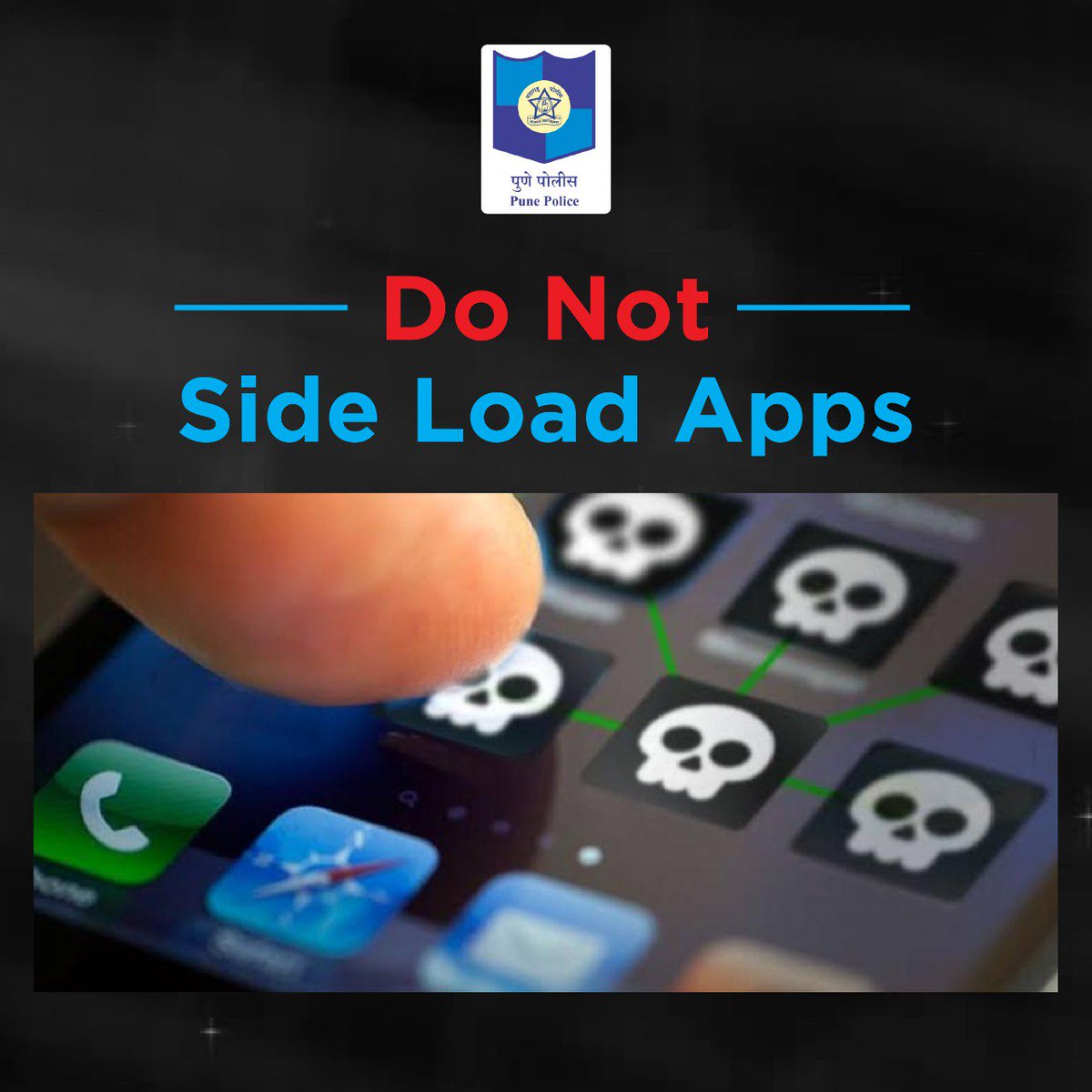PuneCityPolice's tweet photo. Downloading apps from anywhere other than the APP STORE / PLAY STORE is an open invitation for hackers to rob your personal data. #NoFakeApps https://t.co/mKJ8pftbCl