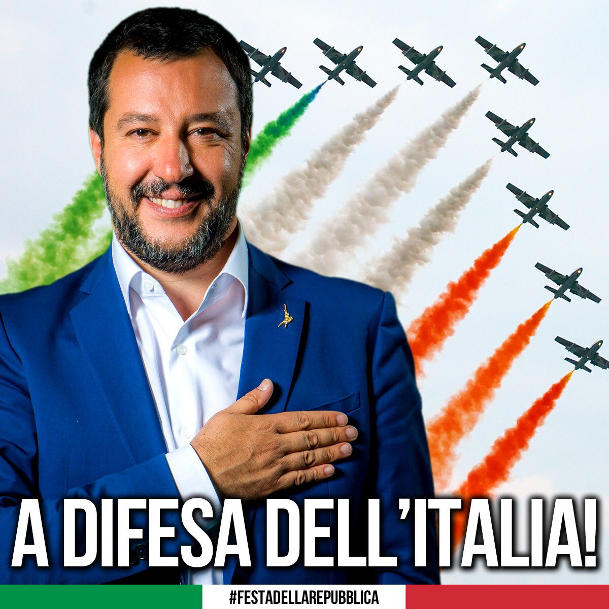 matteosalvinimi's tweet photo. #Buonadomenica e buona #FestadellaRepubblica, Amici. Orgoglioso di poter esercitare il mio ruolo di governo sempre a difesa dell’Italia! 🇮🇹
#2giugno https://t.co/WOUt8jF5X9