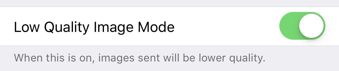 yelbihs's tweet image. Omg this is a thing? 

Settings &amp;gt; Messages &amp;gt; Low Quality Image Mode

Should be ON by default. Typical iPhone photo is 5MB, give or take. 

#ios #iphone @adamski #cellulardata
