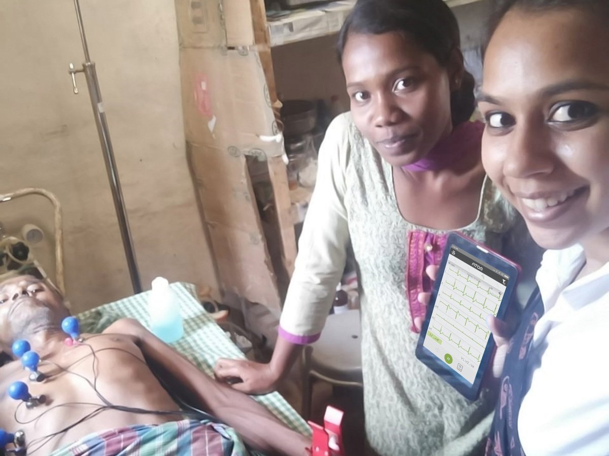 DAEIndia's tweet photo. BARC Tele-ECG is providing cardiac-care in Bamhani, a forested area in Bilaspur, Chhattisgarh. The device can record & send ECG reports to expert directly from remote settlements, saving crucial time needed for moving patients to hospital. #AtomsForHealth #CardeaLabs @jssbilaspur https://t.co/MSWdcfUv1D
