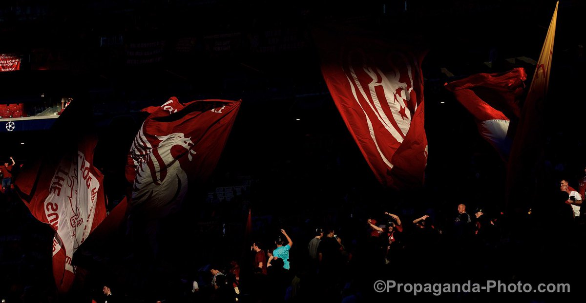 propagandaphoto's tweet photo. At the Champions League photographers’ briefing we were told; “Liverpool supporters have brought the Kop to Madrid and will have their own huge banners and flags. There will be 16,000 plastic flags given to Tottenham fans”. #UCL #UCLFinal #LFC #liverpoolFC #Kop #SpionKop https://t.co/JL4vb7R5vd