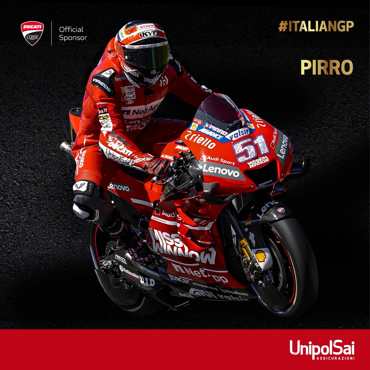 UnipolCorporate's tweet photo. 1 vittoria 🏆 di un grandioso #DP09 che conquista #ItalianGP !🇮🇹
Un agguerritissimo #AD04 lotta fino all’ultimo sorpasso conquistando il 3 posto un solido #MP51 si posiziona al 7 confermandosi  tra i top rider del MotoGP. 
Grazie Ducati per aver innondato di rosso il Mugello‼️ https://t.co/POo4OsjzRB