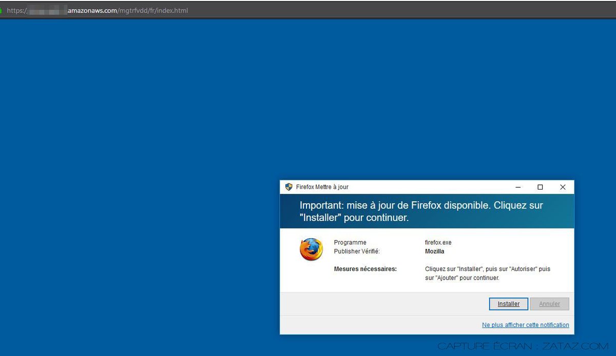 Prudence ⚠ Si cette fenêtre s'ouvre dans votre écran, le rectangle "mise à jour #Firefox" vibre, ne surtout pas installer ⛔ Piège ⚠ Des versions #chrome et #edge existe aussi. 💀☠ Je n'ai pas "encore" aperçu cette fausse Mise à jour pour #Safari. #cybersecurite <a href="/zataz/">ZATAZ - "\o/"</a>
