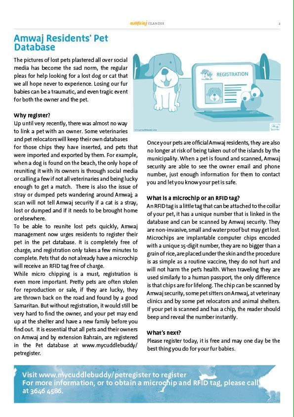 JetPetGlobal1's tweet photo. Share the news, spread the word. Mycuddlebuddy partnered with Amwaj Islands to register pet animals living on the island and keep them safe. 
If you would live on Amwaj Islands you can now register your pet on: https://t.co/v89LAcw3Ut
#petsafety #petregister https://t.co/MS8KCh9W3J