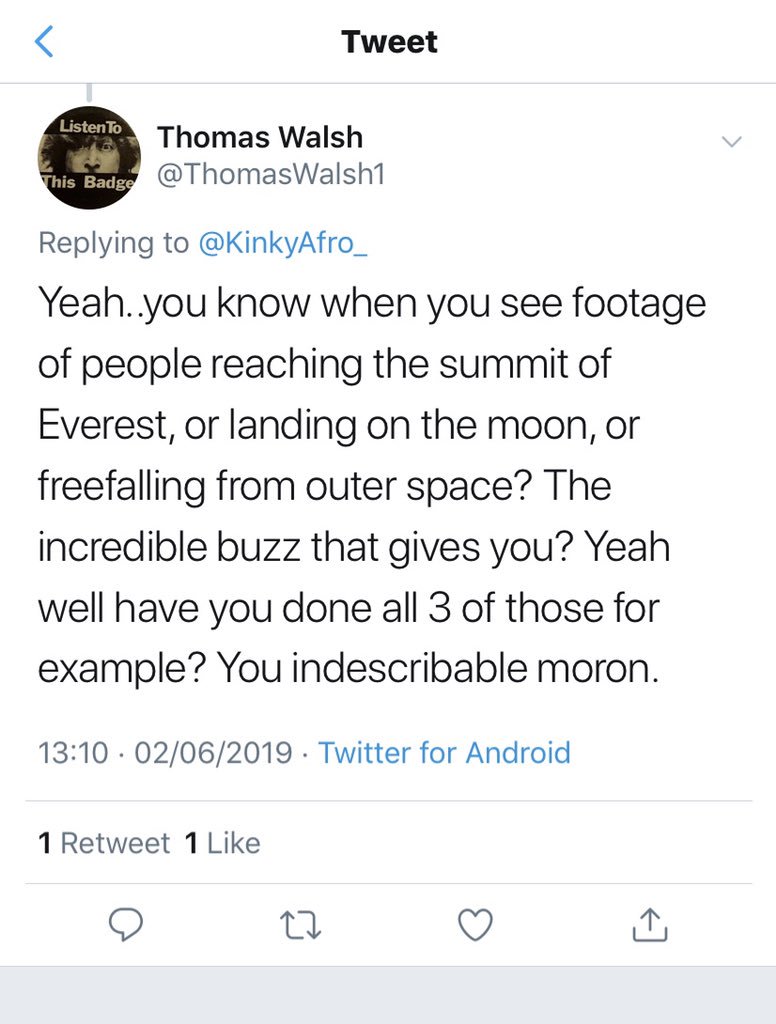 FantasticMrOx's tweet photo. @quim_ninja1978 @ThomasWalsh1 @KinkyAfro_ Looks like he also deleted this absolutely ‘out there’ tweet too. At least he realised what an indescribable moron actually was. 😂😂 #GloryHunter #NotRealFootballFan #AlsoACunt https://t.co/J4yd1lcJtb