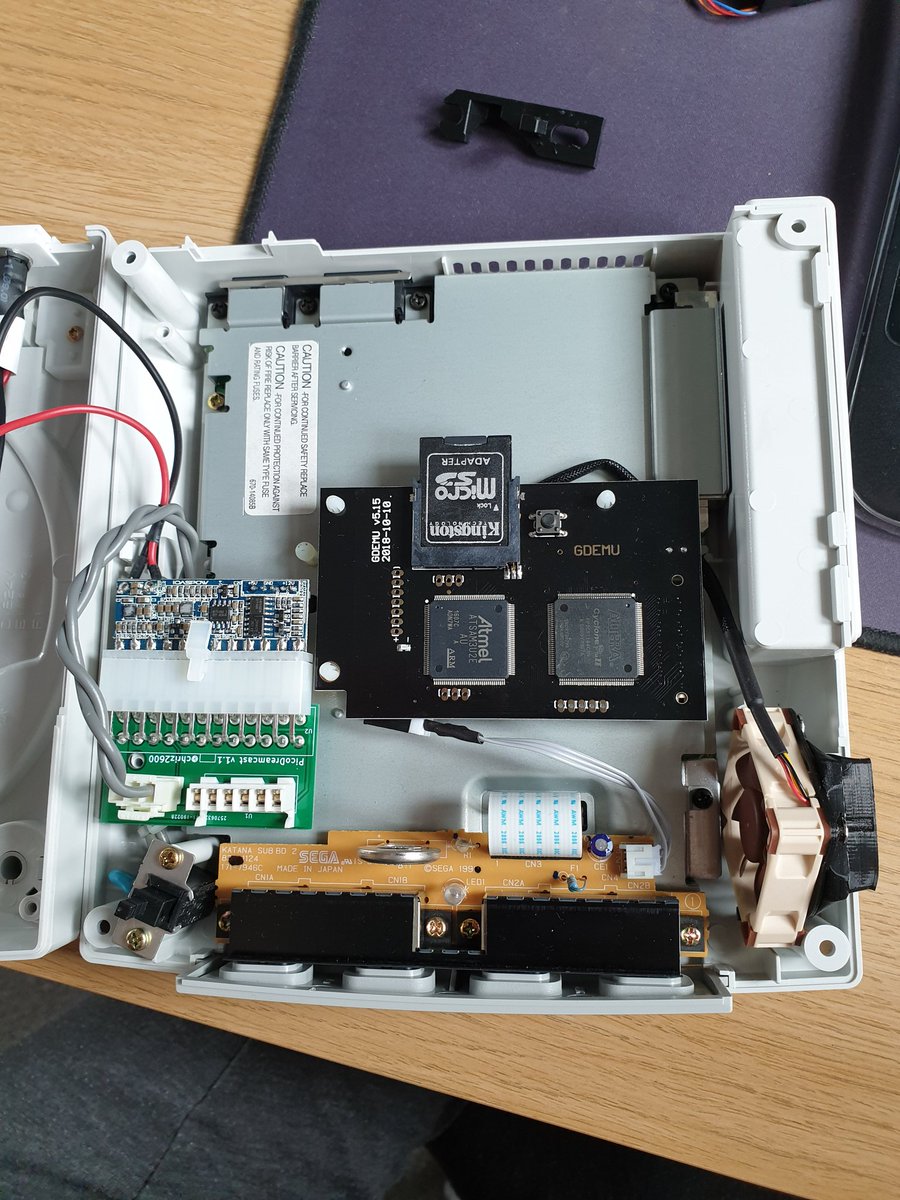 bitbuildpc's tweet photo. Retro modding continues! It's the Dreamcast's turn. I've replaced...

- GDRom drive with a GDEmu (for running games from an SD card) 
- power supply with a PICO PSU (more efficient, less heat) 
- stock fan with a Noctua fan (much quieter &amp; moves more air)

Time for Sonic? 😁 https://t.co/roAC7V010J
