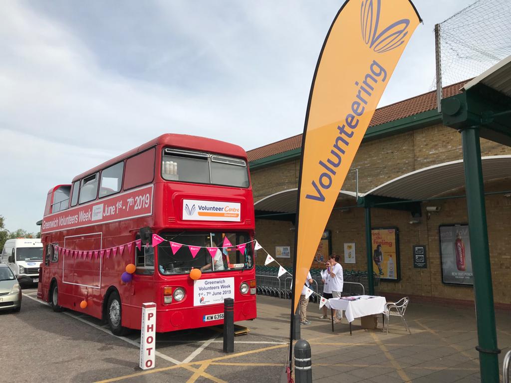 Greenwich Volunteers promoting their services and encouraging people to help and become a volunteer. Today the big red bus is at Morrisons, Thamesmead!