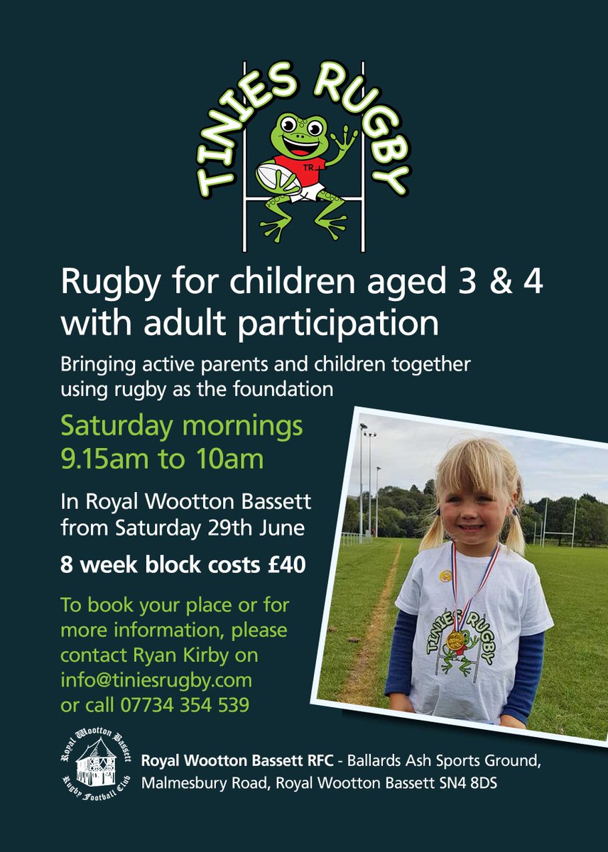 RWBassetRFC's tweet photo. Tinies Rugby is bringing rugby for children aged 3 &amp; 4 to #RoyalWoottonBassett during the Summer. Contact @RyanKirby2 to book your space. https://t.co/foYhdwHh4a