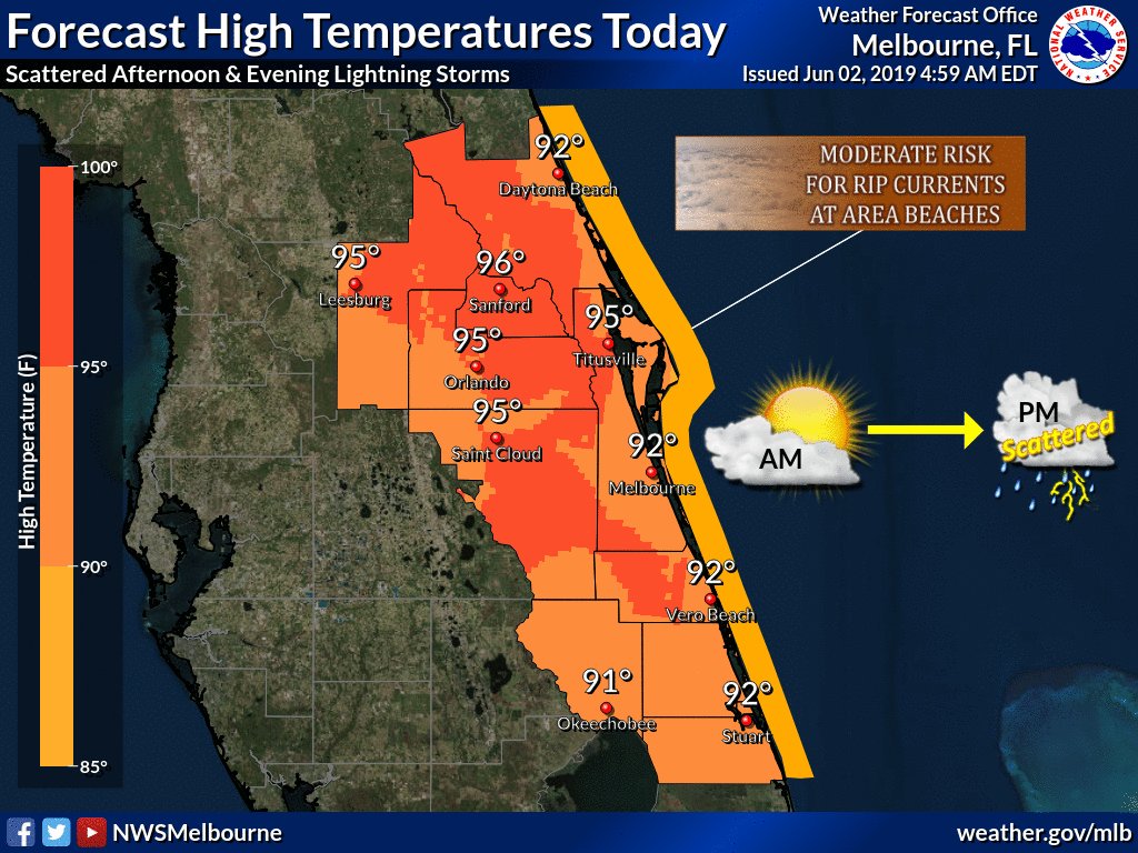June 2 | Hot again today with scattered afternoon lightning storms developing. Best chance will be near the east coast late in the day as a result of sea breeze collision. A few storms may contain frequent lightning strikes and strong wind gusts.  When thunder roars, go indoors.