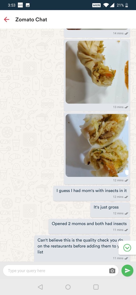 rahil24jain's tweet image. Today I ordered food for myself using Zomato app and half way through my lunch, I saw that that there are insects in my food.When contacted Zomato, I was told that we have added 120 to your credits IMAGINE
@ZomatoIN  shame on you guys.
#insectsinfood