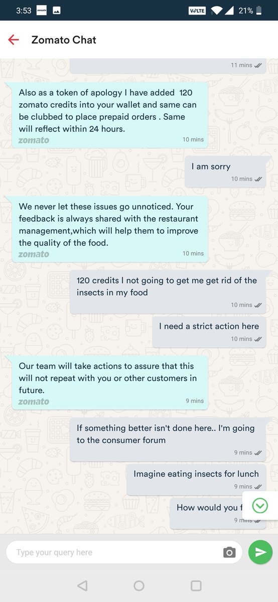 rahil24jain's tweet image. Today I ordered food for myself using Zomato app and half way through my lunch, I saw that that there are insects in my food.When contacted Zomato, I was told that we have added 120 to your credits IMAGINE
@ZomatoIN  shame on you guys.
#insectsinfood