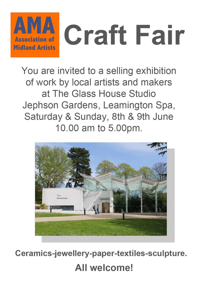 AMA are in the Glass House Studio in Jephson Gardens next weekend, 8th - 9th June, come and see work for sale by our talented members!  #ceramics, #jewellery #sculpture #collage #textiles