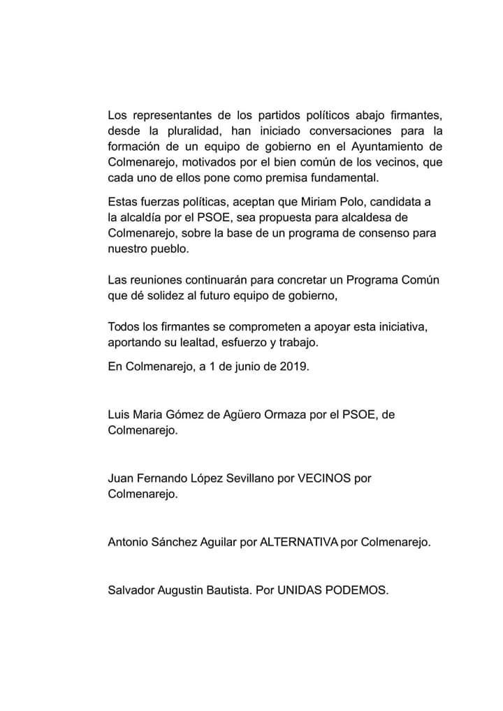 psoecolmenarejo's tweet photo. #Colmenarejo @psoecolmenarejo informa que hemos alcanzado un acuerdo con otros partidos políticos, desde la pluralidad y motivados por el bien común de los vecinos de Colmenarejo. https://t.co/ODyO4vEc6k