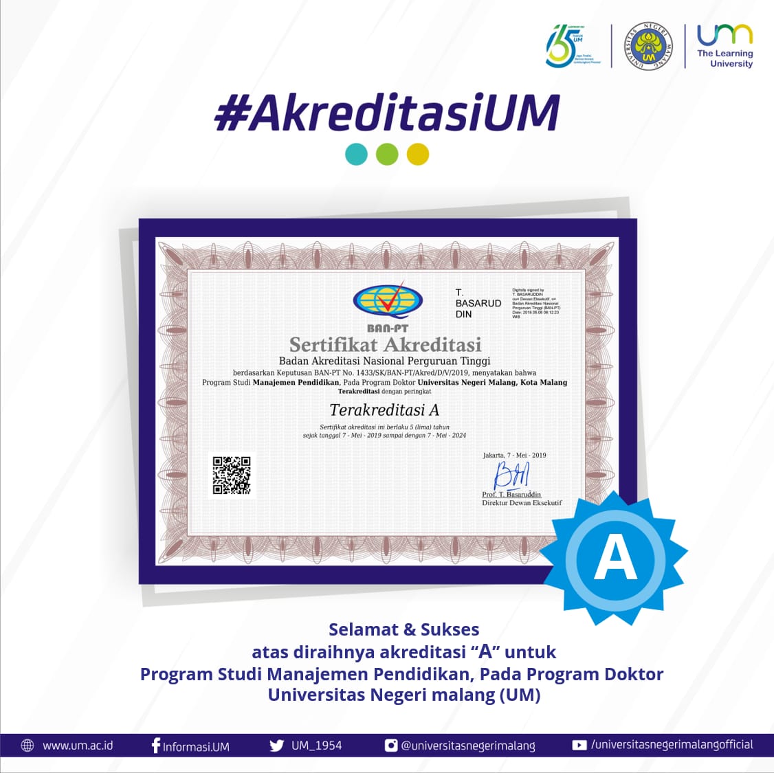 UM_1954's tweet photo. Hallo, #CivitasUM ππ»
Universitas Negeri Malang (UM) kembali meraih akreditasi A (BAN-PT) untuk Program Doktor Manajemen Pendidikan, Pascasarjana UM π
#UM #TheLearningUniversity #LPTK #Ristekdikti #UMkitatercinta #ProgramDoktor #ManajemenPendidikan #PascasarjanaUM #BANPT https://t.co/NZoHH2LvPx