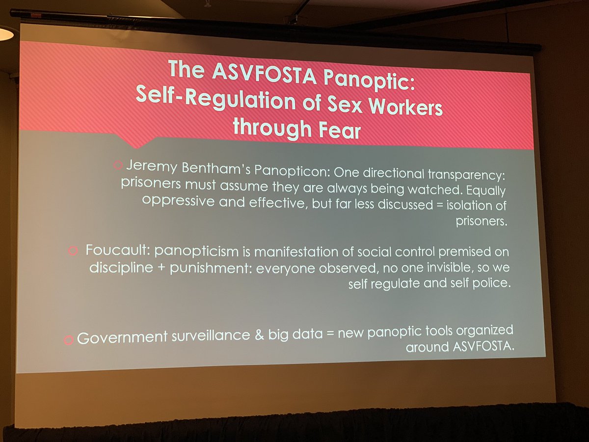 drjonessoc's tweet image. @hausbeck_korgan on FOSTA and panoptics.... How has FOSTA/SESTA affected online sex workers #CRN6_DC2019 #sexwork