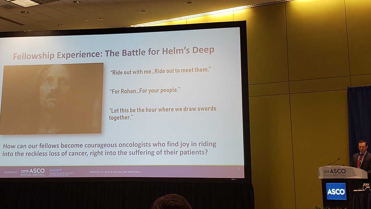 #OncMedEd Fellowship programs have the tremendous privilege of training oncologists to find deep meaning in caring for patients. According to Dr Daniel Richardson, this can be a little like #LordOfTheRings! #artofoncology #artofmedicine #ASCO19 #MedEd