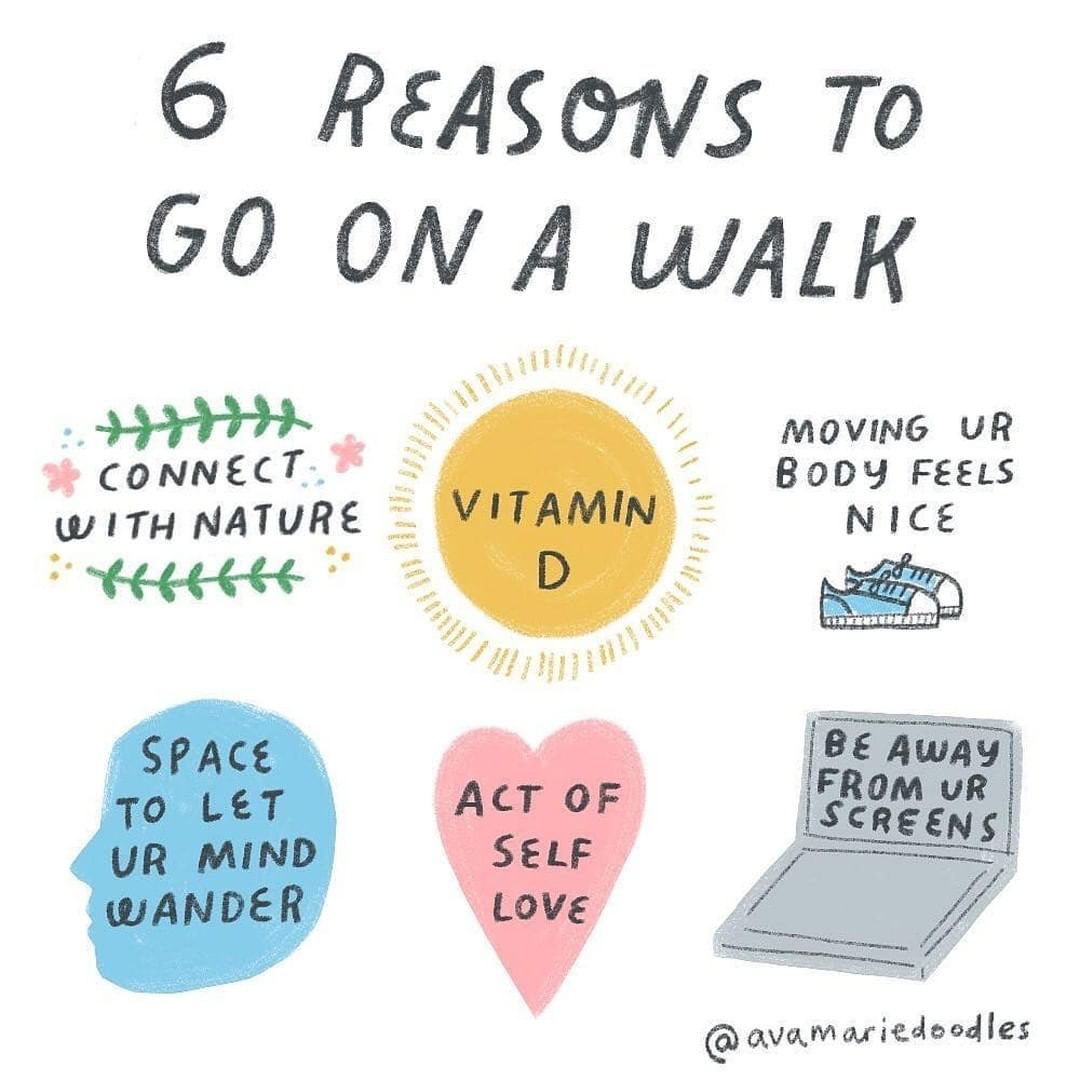 actionhappiness's tweet image. Reasons to go on a walk:
🌿 Connect with nature
☀️ Get vitamin D
🏃🏽‍♀️ Move your body
🧠 Space to think
📴 Away from screens
💕 Act of self love
